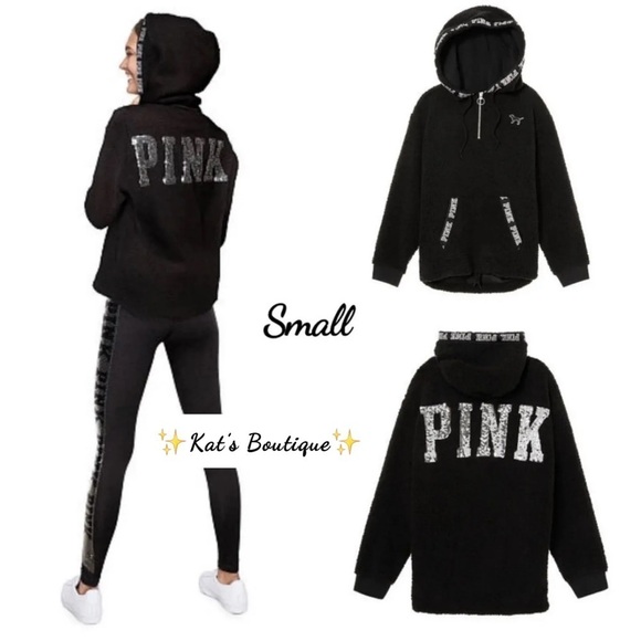 Victoria’s Secret PINK Bling Black Half-Zip Pullover Sherpa Hoodie, Small - Picture 1 of 10